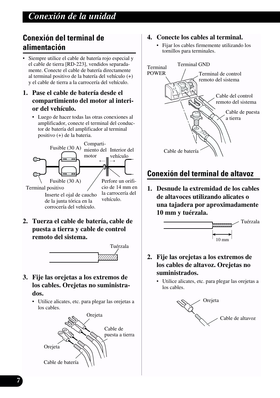 Conexión de la unidad, Conexión del terminal de alimentación, Conexión del terminal de altavoz | Pioneer GM-X962 User Manual | Page 18 / 64