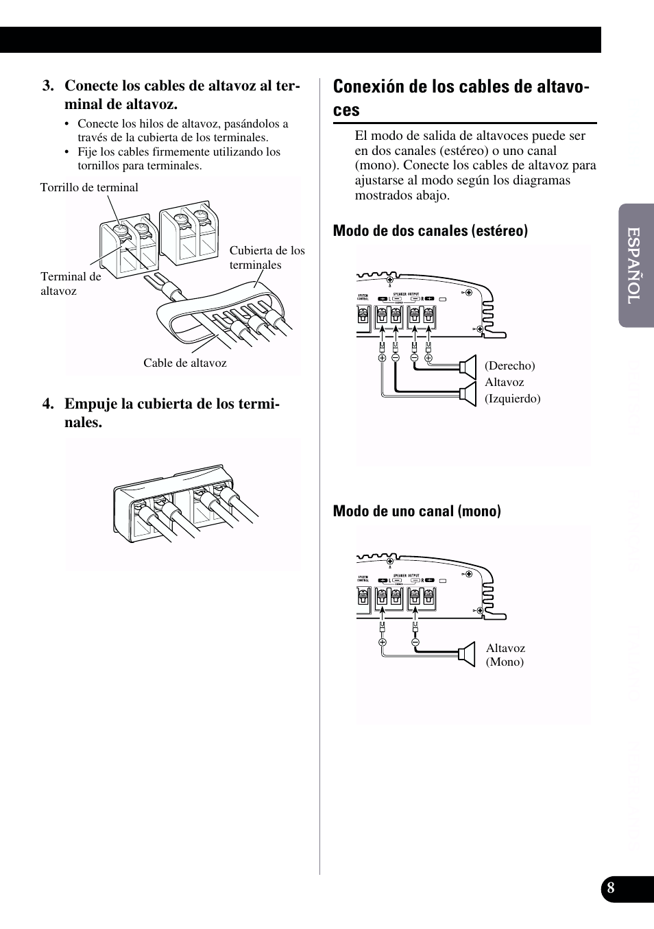 Conexión de los cables de altavoces, Conexión de los cables de altavo- ces | Pioneer GM-X962 User Manual | Page 19 / 64