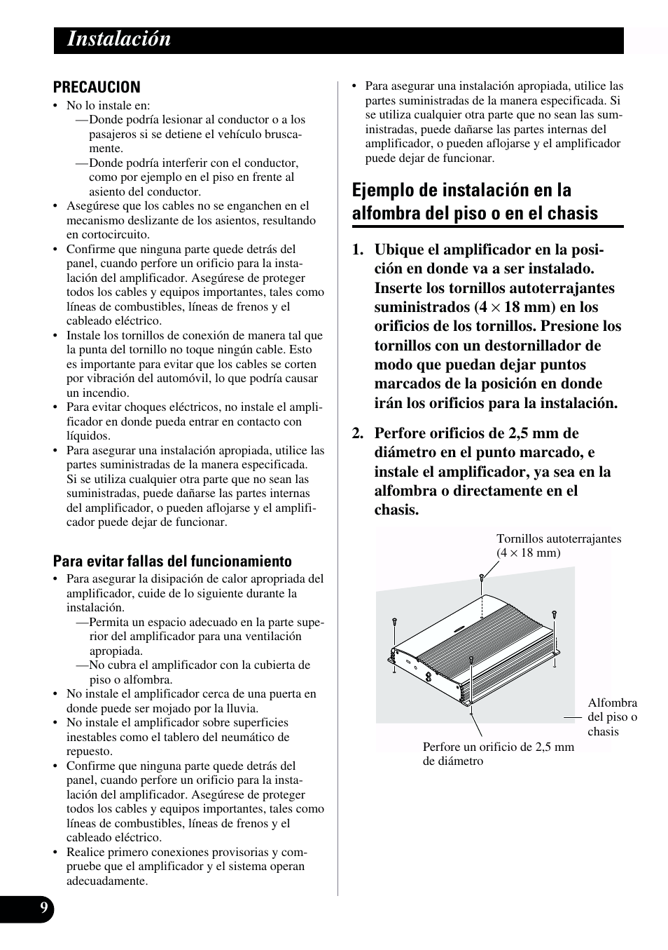 Instalación, Ejemplo de instalación en la alfombra, Del piso o en el chasis | Pioneer GM-X962 User Manual | Page 20 / 64