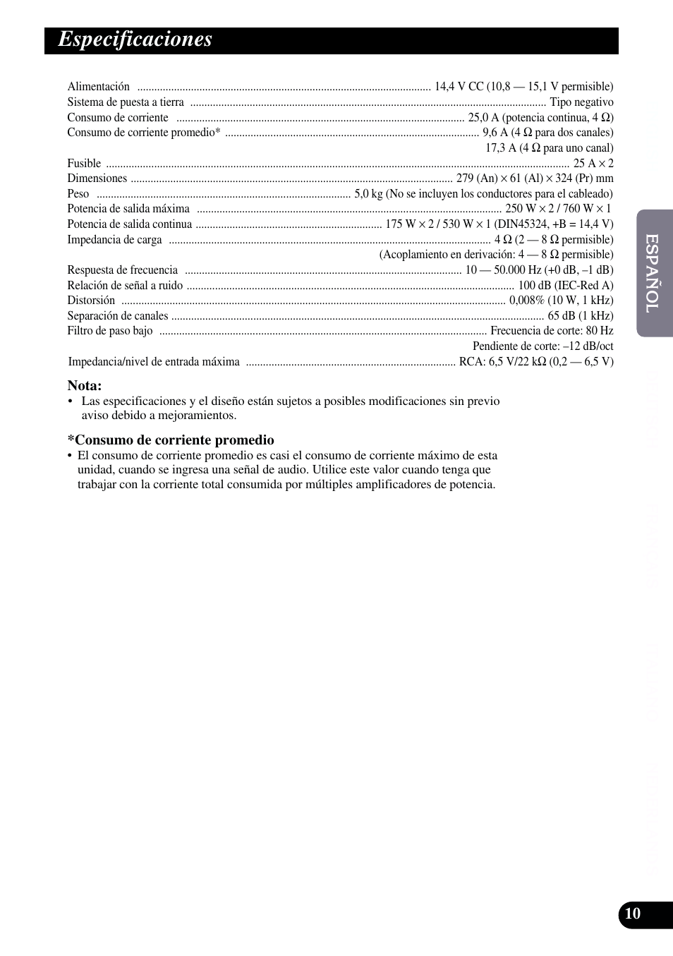 Especificaciones | Pioneer GM-X962 User Manual | Page 21 / 64
