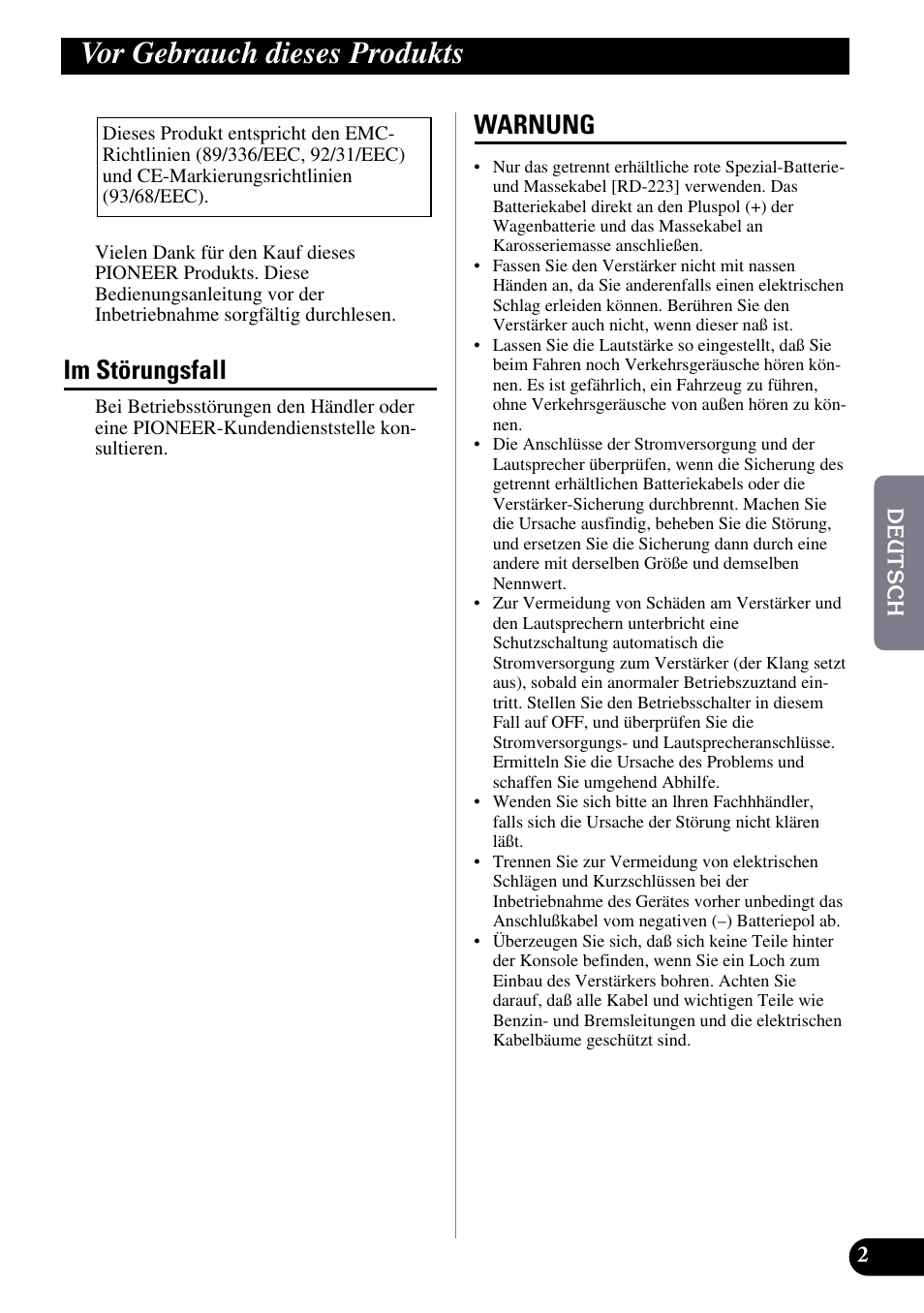 Vor gebrauch dieses produkts, Im störungsfall warnung, Im störungsfall | Warnung | Pioneer GM-X962 User Manual | Page 23 / 64