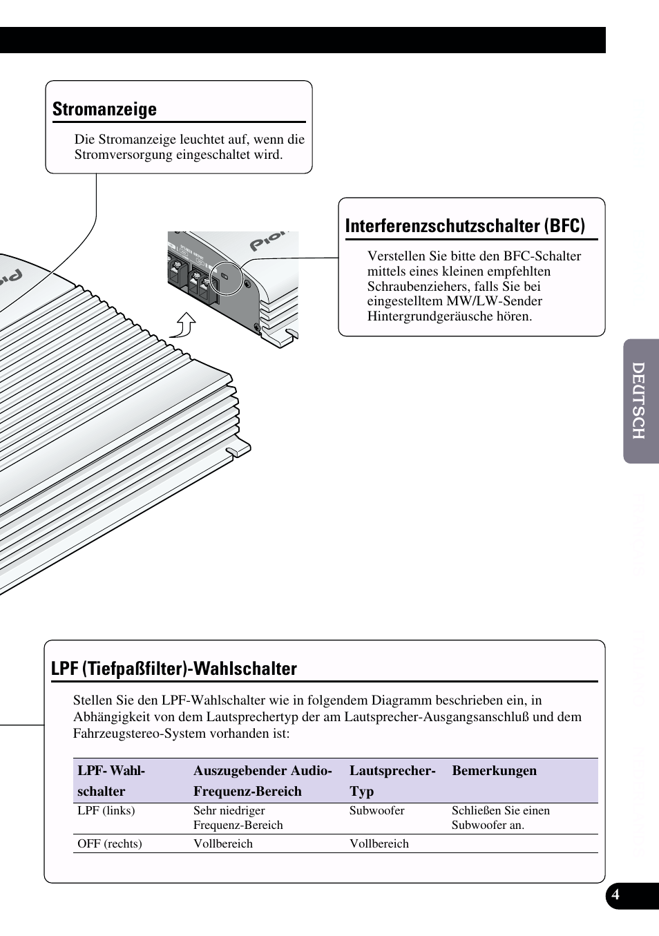 Stromanzeige, Interferenzschutzschalter (bfc), Lpf (tiefpaßfilter)-wahlschalter | Pioneer GM-X962 User Manual | Page 25 / 64