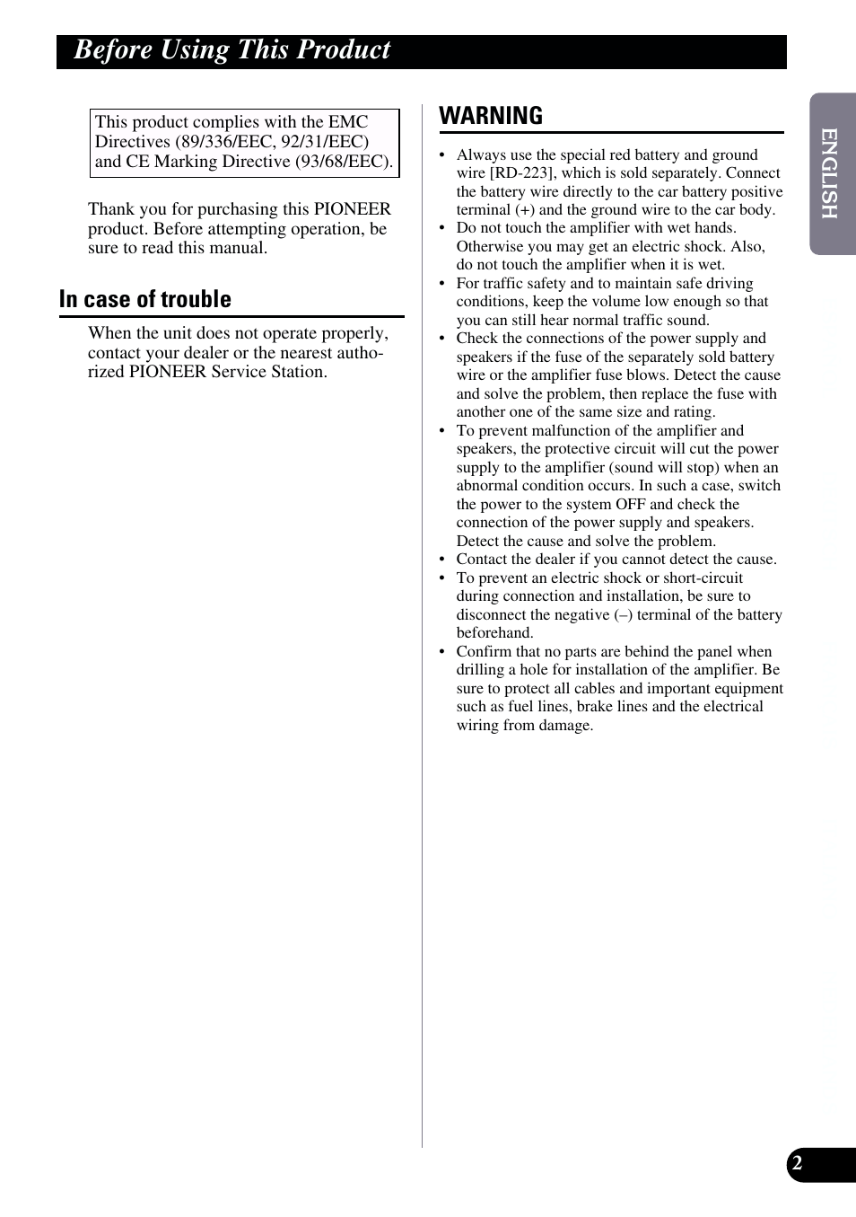Before using this product, In case of trouble warning, Warning | Pioneer GM-X962 User Manual | Page 3 / 64