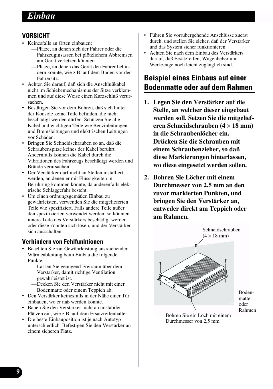 Einbau, Beispiel eines einbaus auf einer, Bodenmatte oder auf dem rahmen | Pioneer GM-X962 User Manual | Page 30 / 64