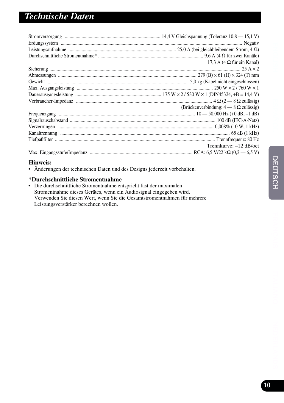 Technische daten | Pioneer GM-X962 User Manual | Page 31 / 64