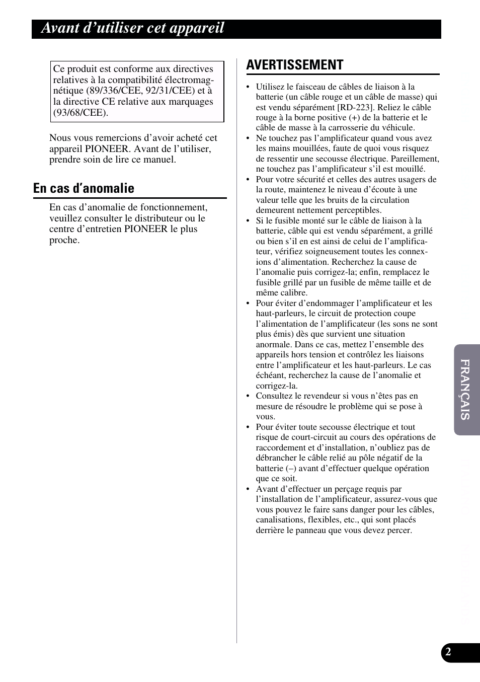 Avant d’utiliser cet appareil, En cas d’anomalie avertissement, En cas d’anomalie | Avertissement | Pioneer GM-X962 User Manual | Page 33 / 64