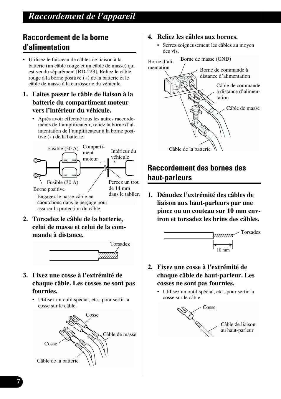 Haut-parleurs, Raccordement de l’appareil, Raccordement de la borne d’alimentation | Raccordement des bornes des haut-parleurs | Pioneer GM-X962 User Manual | Page 38 / 64