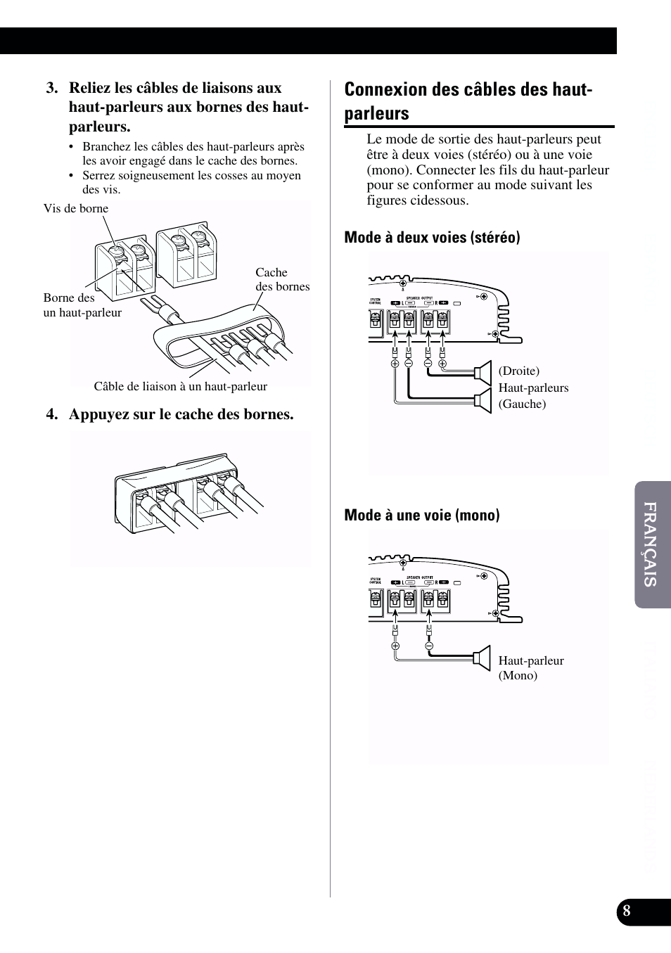 Connexion des câbles des haut-parleurs, Connexion des câbles des haut- parleurs | Pioneer GM-X962 User Manual | Page 39 / 64