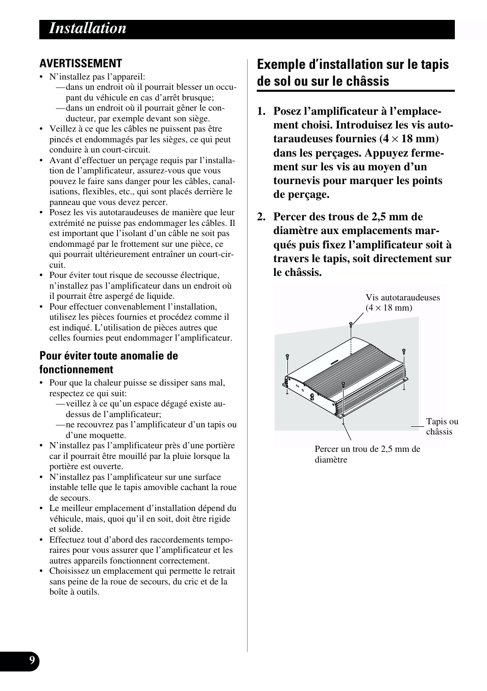 Installation, Exemple d’installation sur le tapis de sol, Ou sur le châssis | Pioneer GM-X962 User Manual | Page 40 / 64