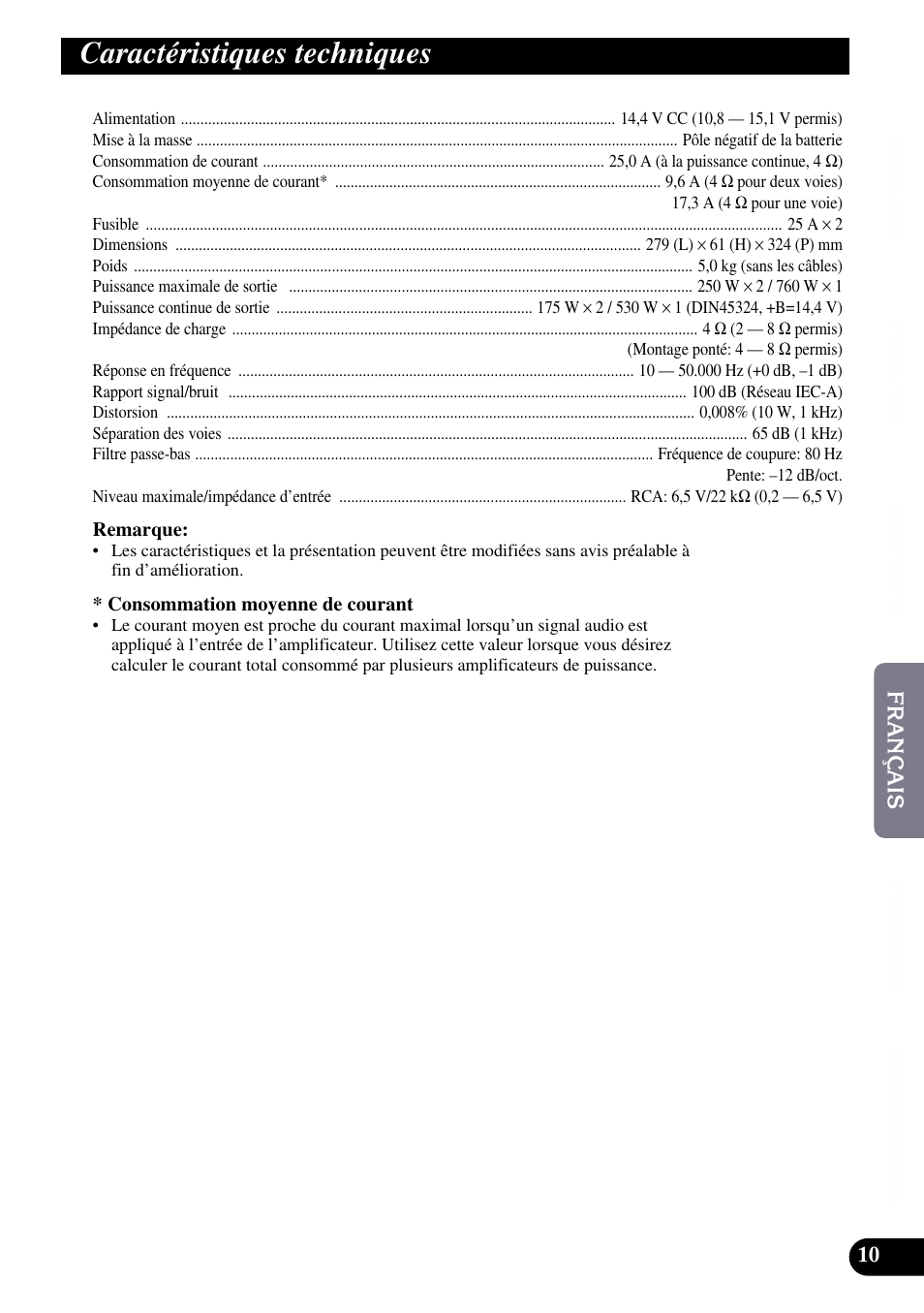 Caractéristiques techniques | Pioneer GM-X962 User Manual | Page 41 / 64