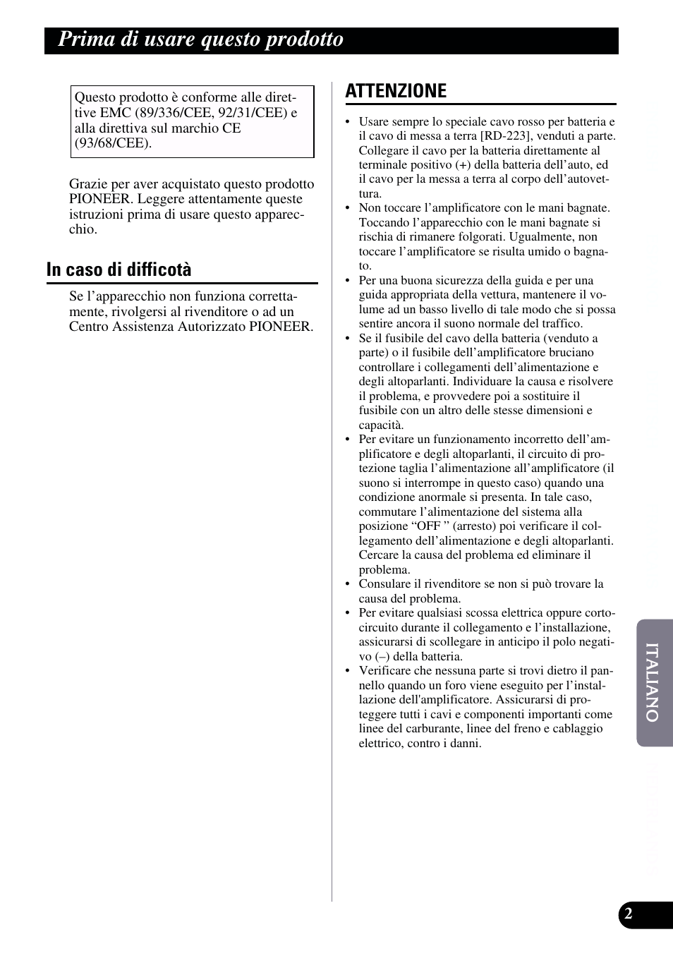 Prima di usare questo prodotto, In caso di difficotà attenzione, Attenzione | Pioneer GM-X962 User Manual | Page 43 / 64