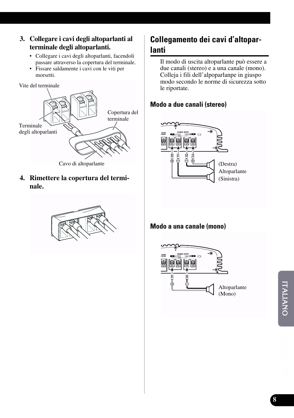 Collegamento dei cavi d’altoparlanti, Collegamento dei cavi d’altopar- lanti | Pioneer GM-X962 User Manual | Page 49 / 64