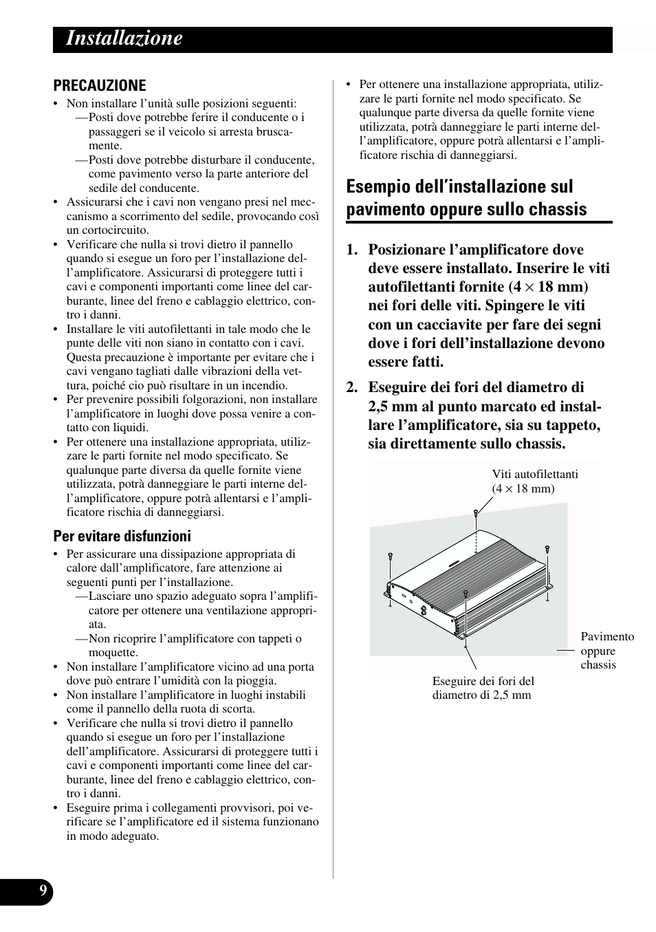 Installazione, Esempio dell’installazione sul pavimento, Oppure sullo chassis | Pioneer GM-X962 User Manual | Page 50 / 64