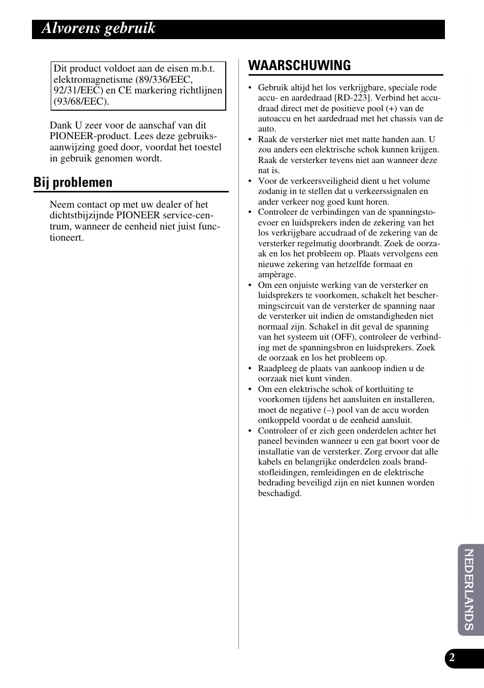 Alvorens gebruik, Bij problemen waarschuwing, Bij problemen | Waarschuwing | Pioneer GM-X962 User Manual | Page 53 / 64