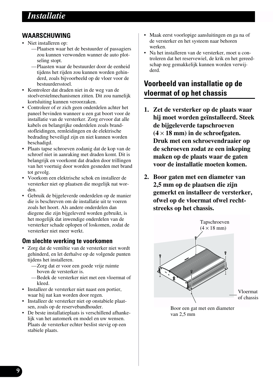 Installatie, Voorbeeld van installatie op de vloermat of, Op het chassis | Pioneer GM-X962 User Manual | Page 60 / 64