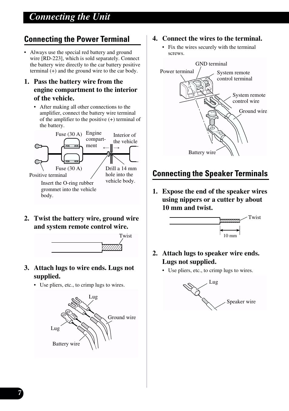 Connecting the unit, Connecting the power terminal, Connecting the speaker terminals | Pioneer GM-X962 User Manual | Page 8 / 64