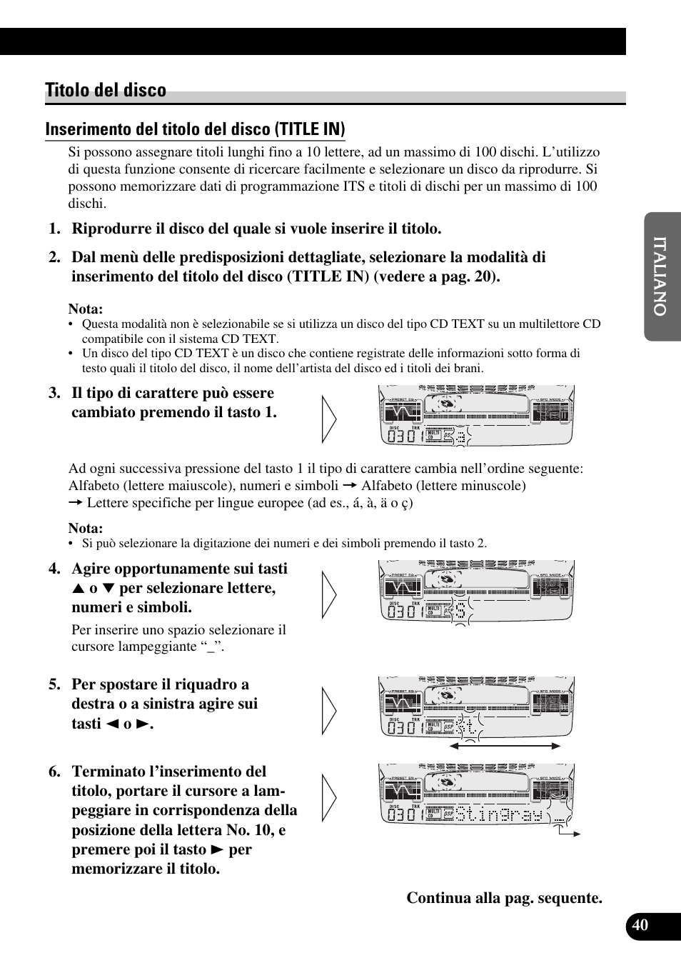 Titolo del disco, Inserimento del titolo del disco (title in), Selezione del disco per mezzo della lista | Dei titoli dei dischi (title list), Visualizzazione del titolo del disco | Pioneer FH-P6600R User Manual | Page 103 / 188
