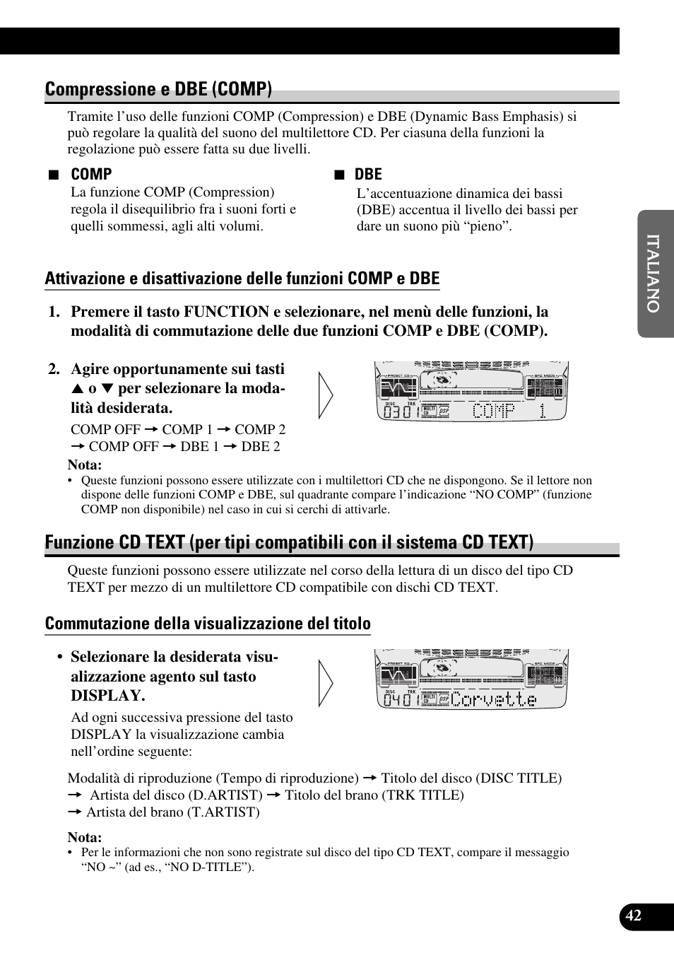 Compressione e dbe (comp), Funzione cd text (per tipi comparatibili, Con il sistema cd text) | Commutazione della visualizzazione del titolo, Scorrimrnto del titolo | Pioneer FH-P6600R User Manual | Page 105 / 188