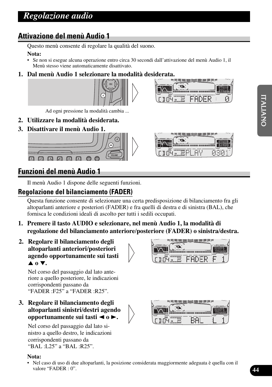 Regolazione audio, Regolazione del bilanciamento (fader), Regolazione della tonalità (loud) | Regolazione del livello della sorgente (sla), Attivazione del menù audio 1, Funzioni del menù audio 1 | Pioneer FH-P6600R User Manual | Page 107 / 188