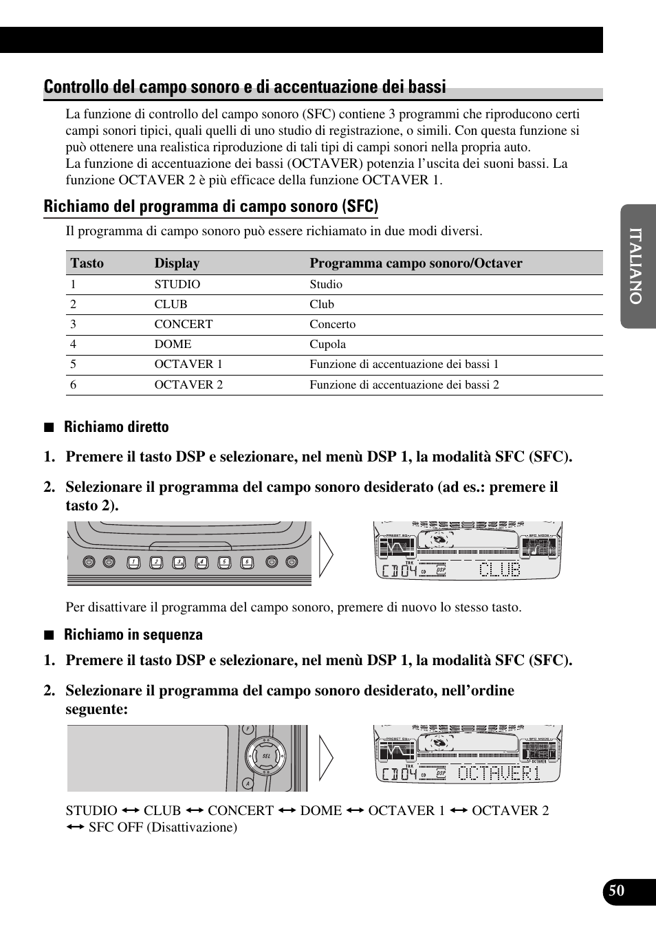 Controllo del campo sonoro e di, Accentuazione dei bassi, Richiamo del programma di campo sonoro (sfc) | Pioneer FH-P6600R User Manual | Page 113 / 188