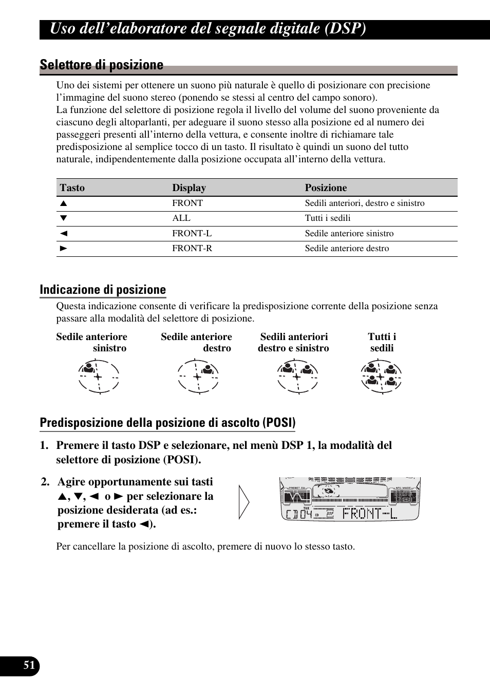 Selettore di posizione, Indicazione di posizione, Predisposizione della posizione di ascolto (posi) | Uso dell’elaboratore del segnale digitale (dsp) | Pioneer FH-P6600R User Manual | Page 114 / 188