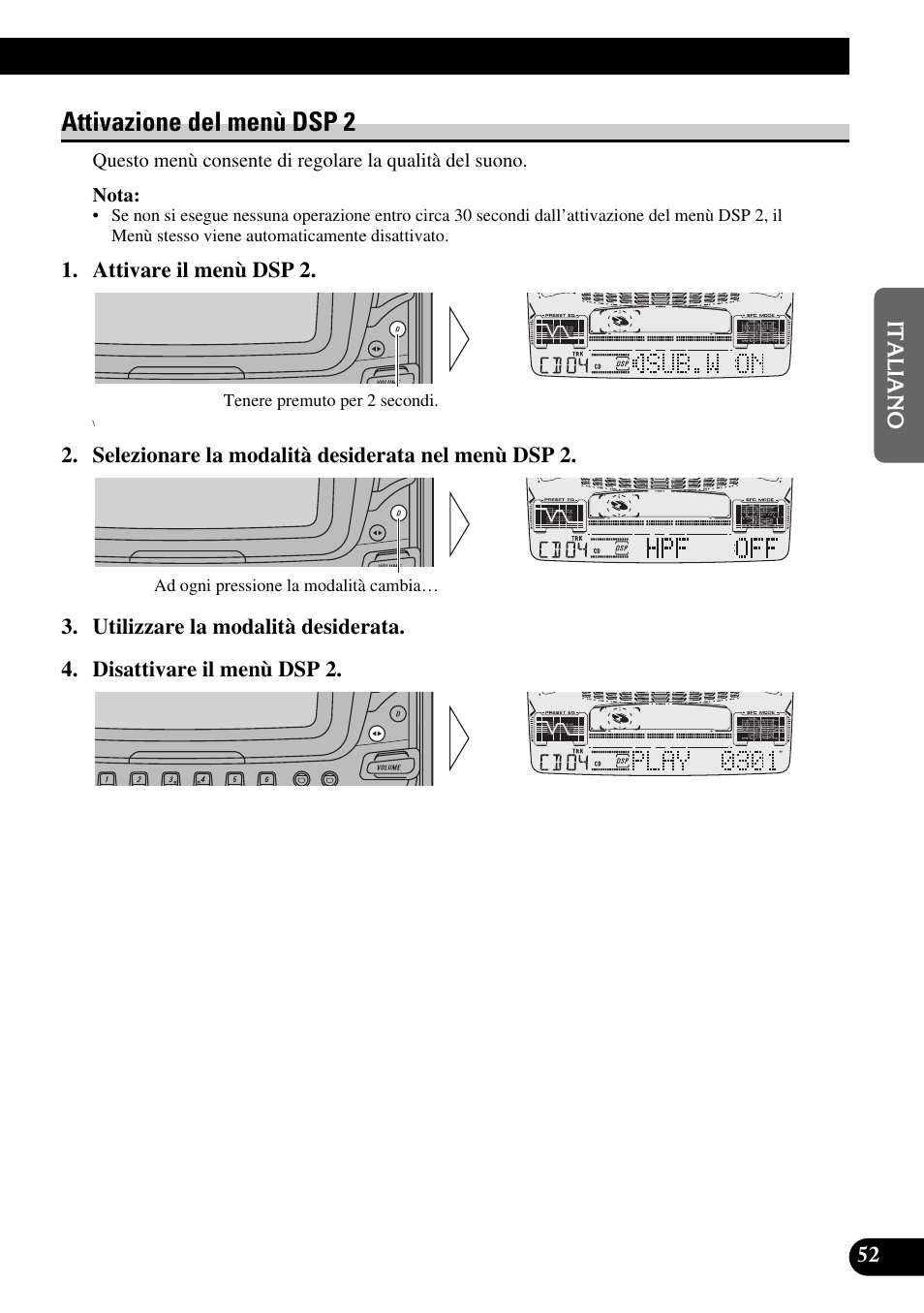 Attivazione del menù dsp 2, Uscita del subwoofer (sub.w), Regolazione del subwoofer (80hz) | Filtro passa-alto (hfp) | Pioneer FH-P6600R User Manual | Page 115 / 188