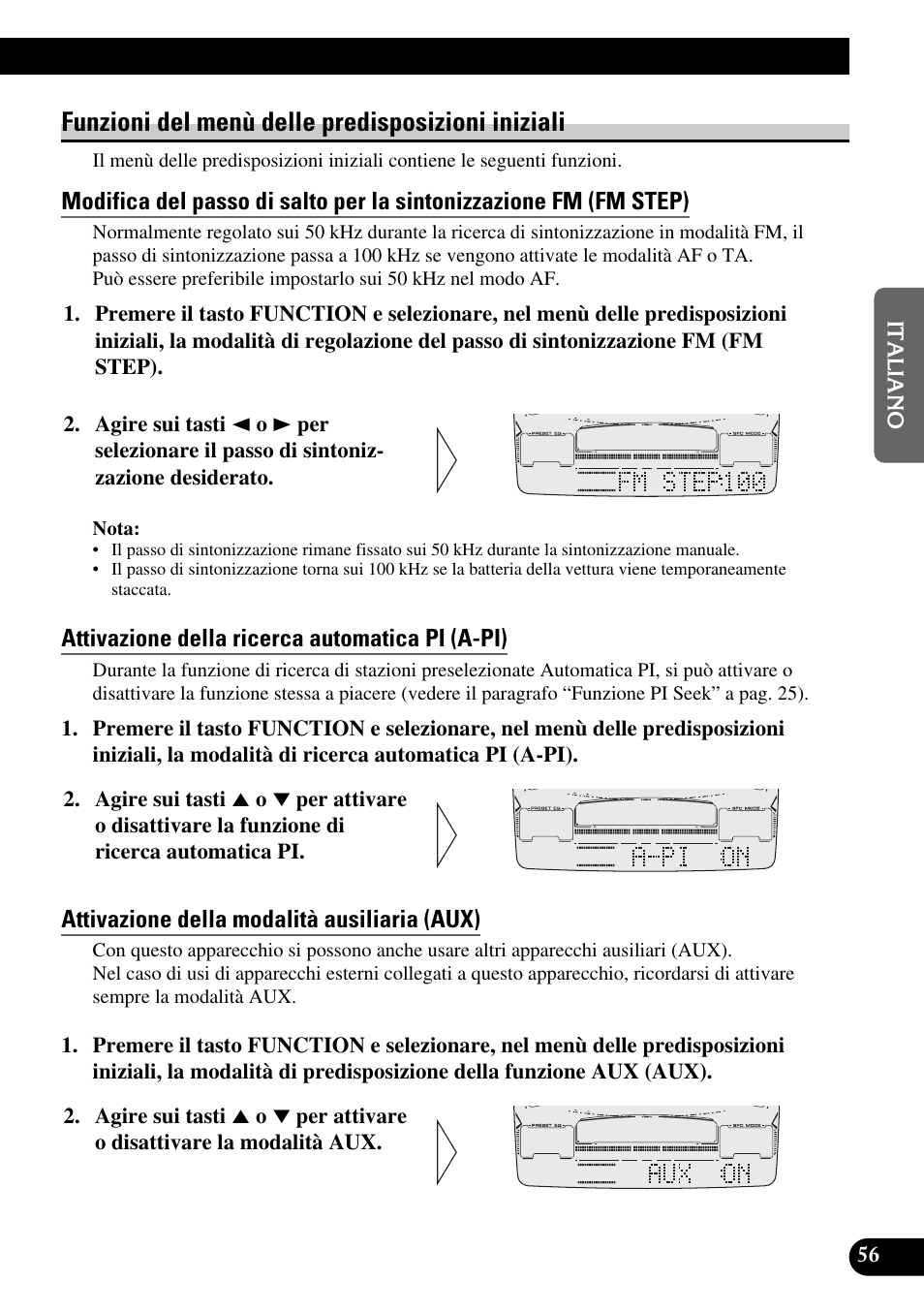 Funzioni del menù, Delle predisposizioni iniziali, Attivazione della ricerca automatica pi (a-pi) | Attivazione della modalità ausiliaria (aux), Predisposizione della luminosità (dimmer), Selezione dell’attenuatore digitale (dig.att), Funzioni del menù delle predisposizioni iniziali | Pioneer FH-P6600R User Manual | Page 119 / 188