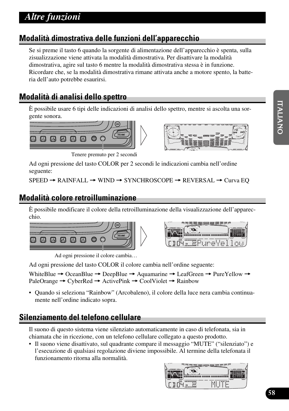 Altre funzioni, Modalità dimostrativa, Delle funzioni dell’apparecchio | Modalità di analisi dello spettro, Modalità colore retroilluminazione, Silenziamento del telefono cellulare | Pioneer FH-P6600R User Manual | Page 121 / 188