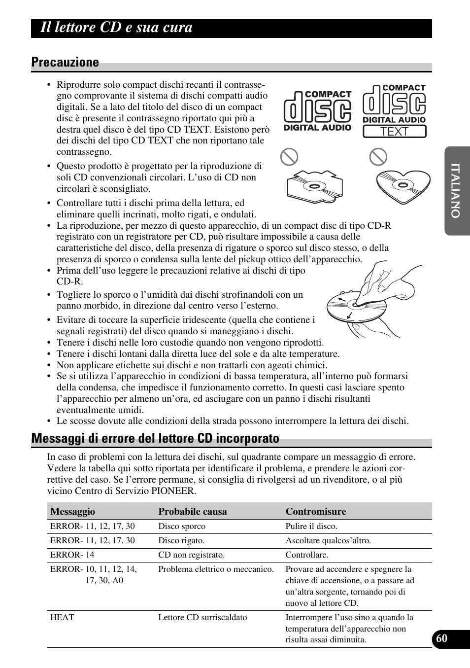 Il lettore cd e sua cura, Precauzione messaggi di errore, Del lettore cd incorporato | A title (english), Precauzione, Messaggi di errore del lettore cd incorporato | Pioneer FH-P6600R User Manual | Page 123 / 188