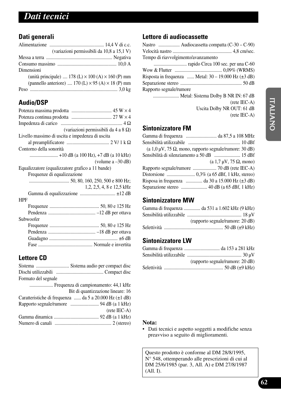 Dati tecnici | Pioneer FH-P6600R User Manual | Page 125 / 188