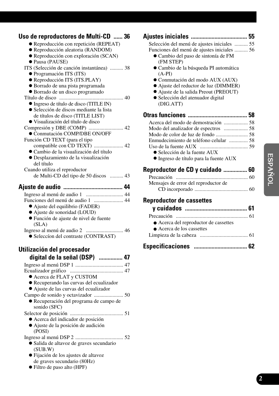 Uso de reproductores de multi-cd, Ajuste de audio, Ajustes iniciales | Otras funciones, Reproductor de cd y cuidado, Reproductor de cassettes y cuidados | Pioneer FH-P6600R User Manual | Page 127 / 188