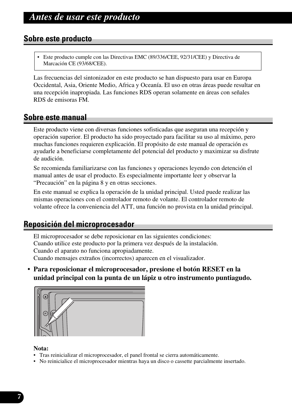 Antes de usar este producto, Sobre este producto, Sobre este manual | Reposición del microprocesador | Pioneer FH-P6600R User Manual | Page 132 / 188