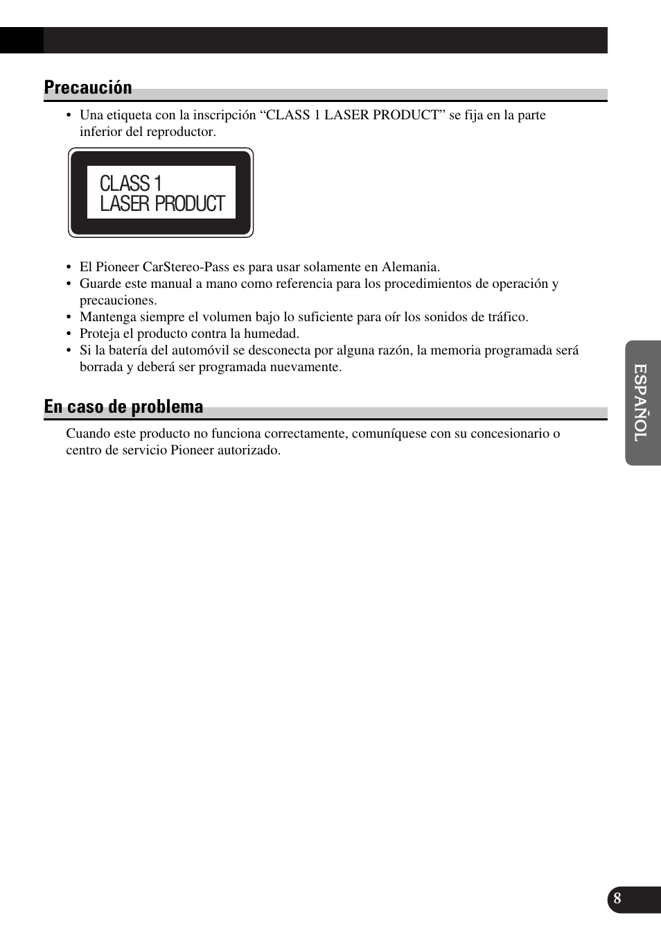 Precaución en caso de problema, Class 1 laser product, Precaución | En caso de problema | Pioneer FH-P6600R User Manual | Page 133 / 188