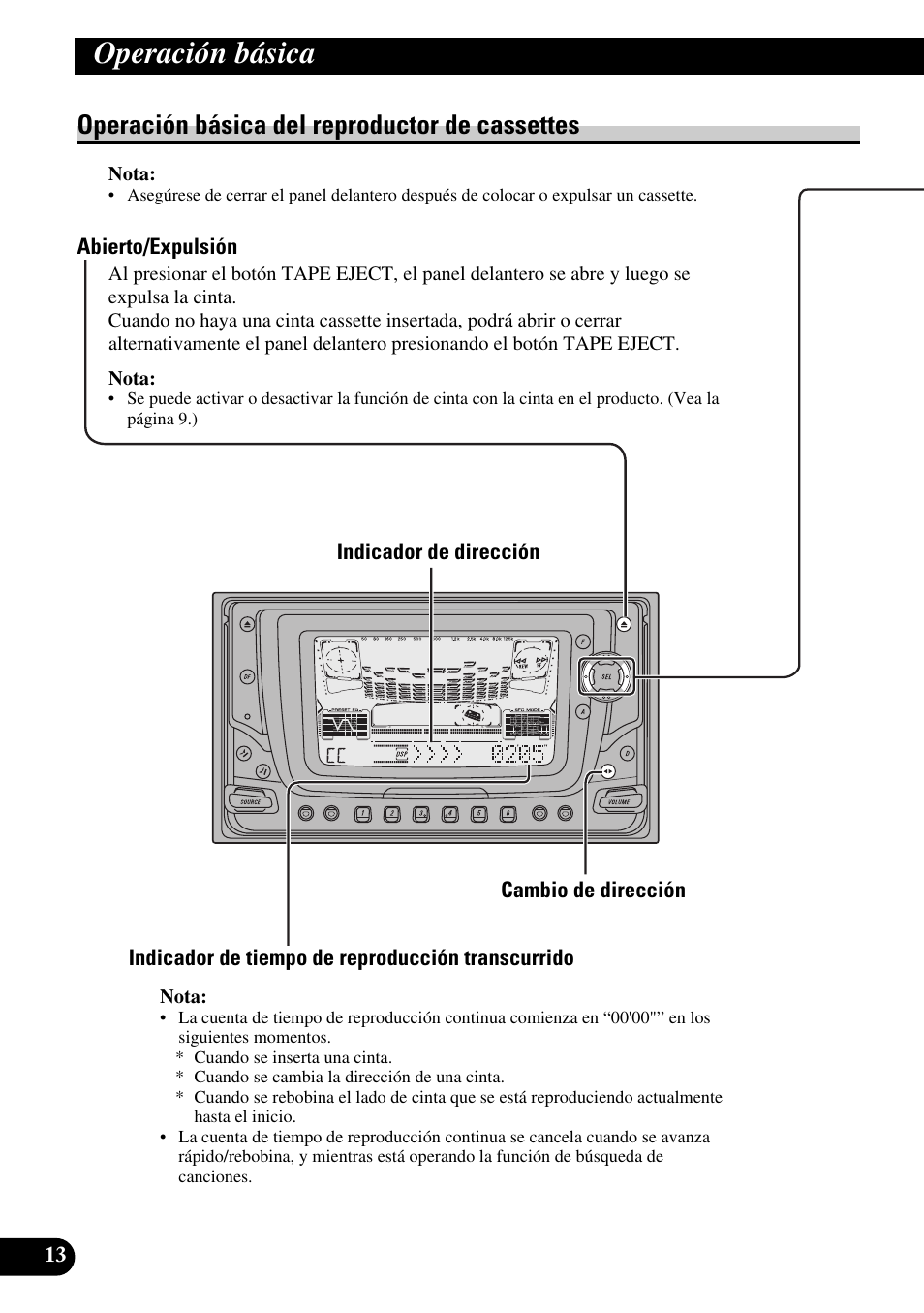 Operación básica del reproductor de, Cassettes, Abierto/expulsión | Cambio de dirección, Avance rápido/rebobinado y búsqueda de canciones, Puerta de cassette, Operación básica, Operación básica del reproductor de cassettes | Pioneer FH-P6600R User Manual | Page 138 / 188