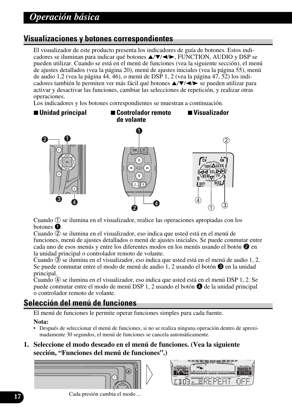 Operación básica, Visualizaciones y botones correspondientes, Selección del menú de funciones | Pioneer FH-P6600R User Manual | Page 142 / 188
