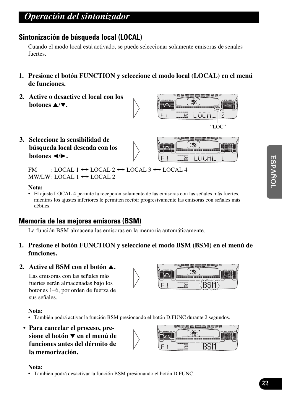 Operación del sintonizador, Sintonización de búsqueda local (local), Memoria de las mejores emisoras (bsm) | Pioneer FH-P6600R User Manual | Page 147 / 188
