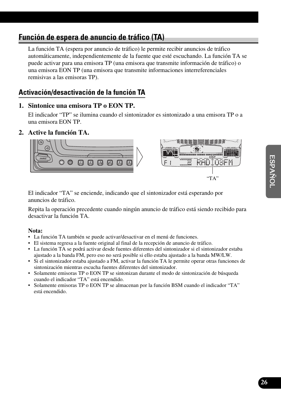 Función de espera de anuncio de tráfico, Activación/desactivación de la función ta, Cancelación de anuncios de tráfico | Ajuste del volumen de la función ta, Función de alarma tp, A title (english), Función de espera de anuncio de tráfico (ta) | Pioneer FH-P6600R User Manual | Page 151 / 188