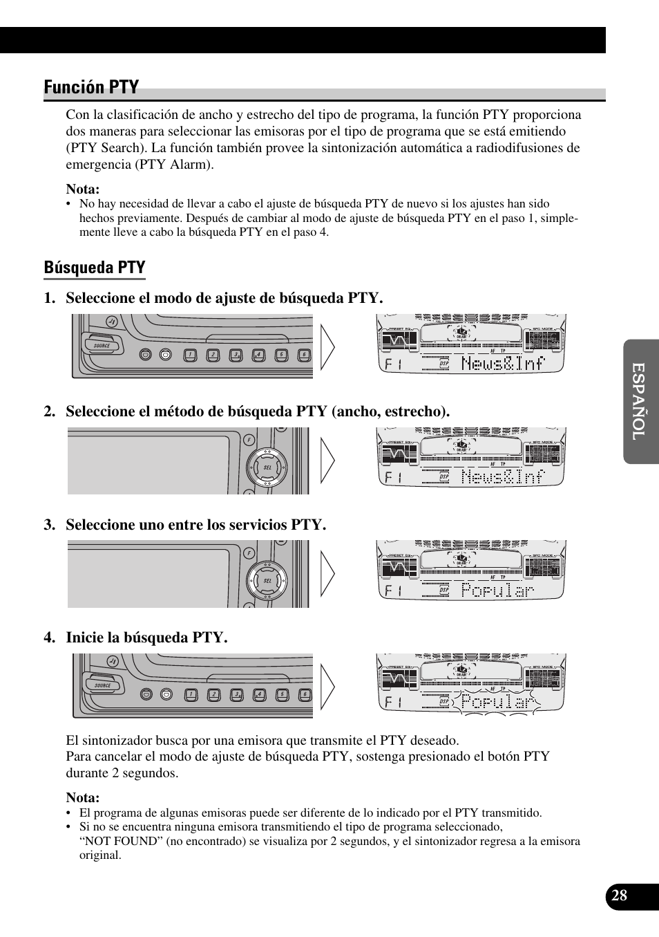 Función pty, Búsqueda pty, Alarma pty | Cancelación de anuncios, Lista de pty, A title (english) | Pioneer FH-P6600R User Manual | Page 153 / 188