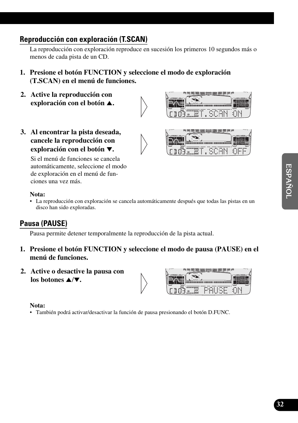 Reproducción con exploración (t.scan), Pausa (pause) | Pioneer FH-P6600R User Manual | Page 157 / 188