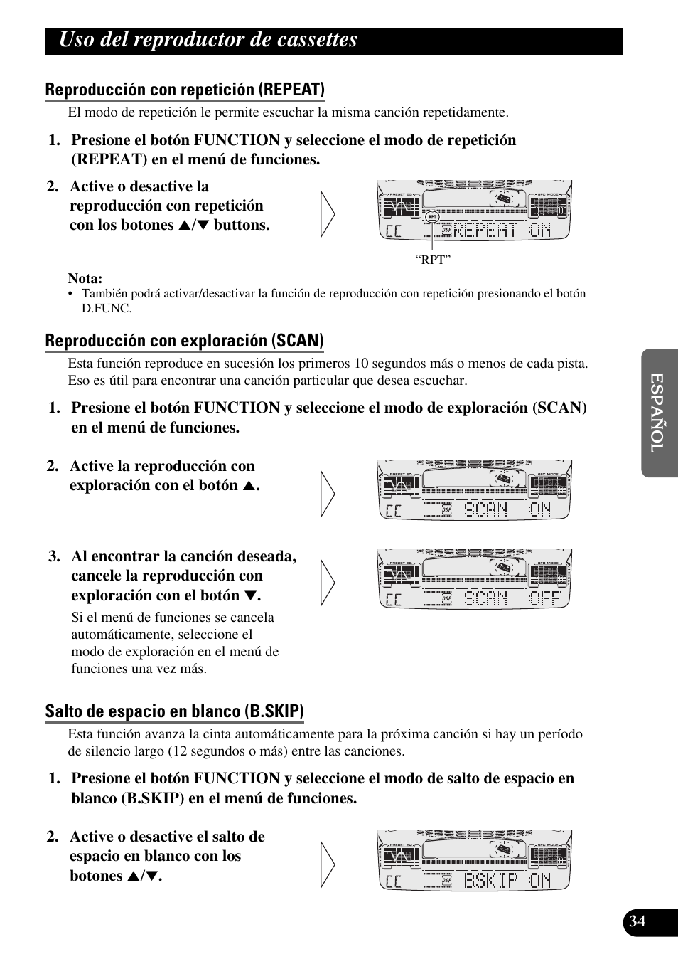 Uso del reproductor de cassettes, Reproducción con repetición (repeat), Reproducción con exploración (scan) | Salto de espacio en blanco (b.skip), Intercepción de radio (r.i), Dolby b nr (nr) | Pioneer FH-P6600R User Manual | Page 159 / 188