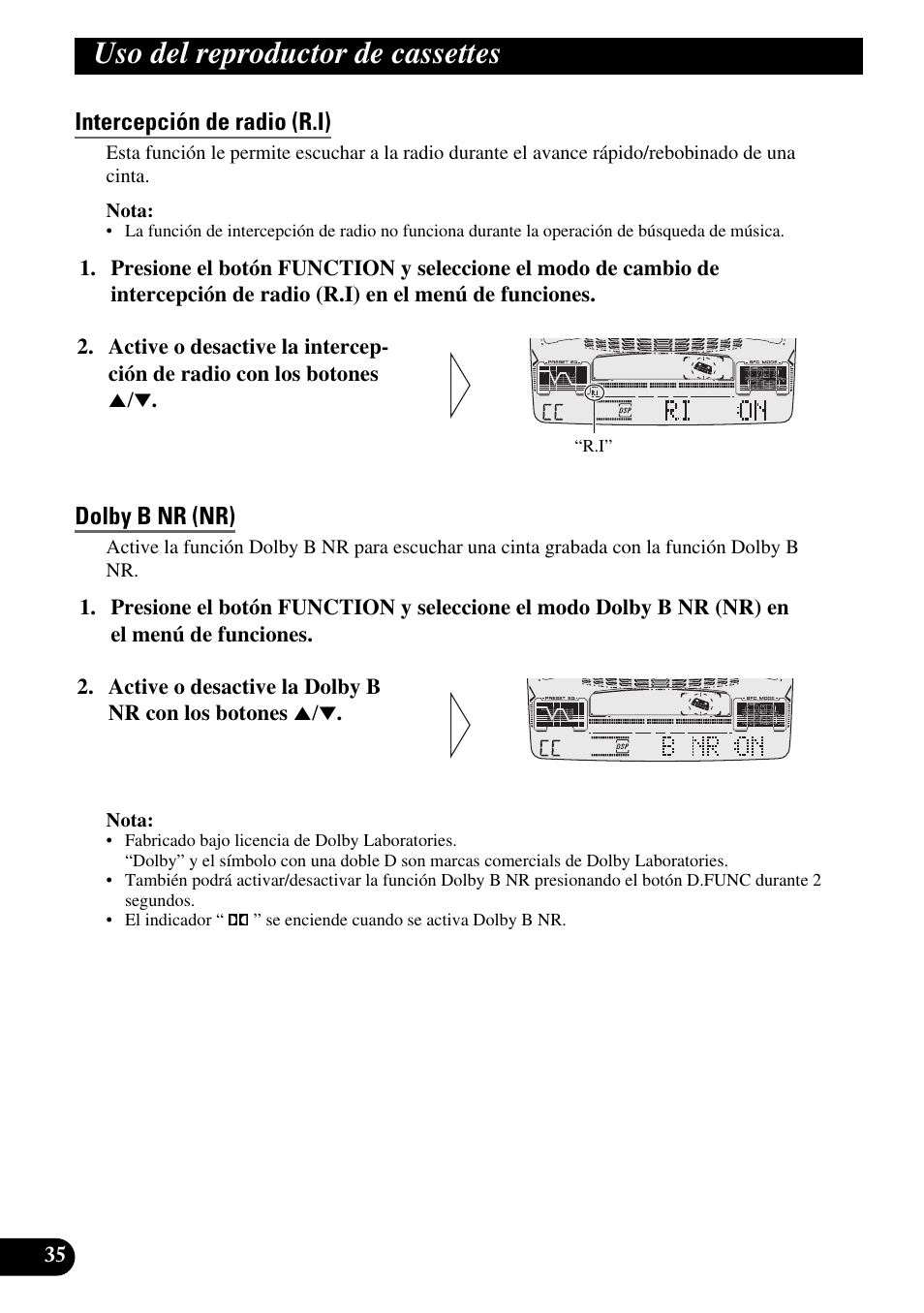 Uso del reproductor de cassettes, Intercepción de radio (r.i), Dolby b nr (nr) | Pioneer FH-P6600R User Manual | Page 160 / 188