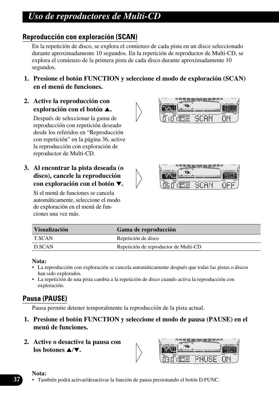 Uso de reproductores de multi-cd, Reproducción con exploración (scan), Pausa (pause) | Pioneer FH-P6600R User Manual | Page 162 / 188