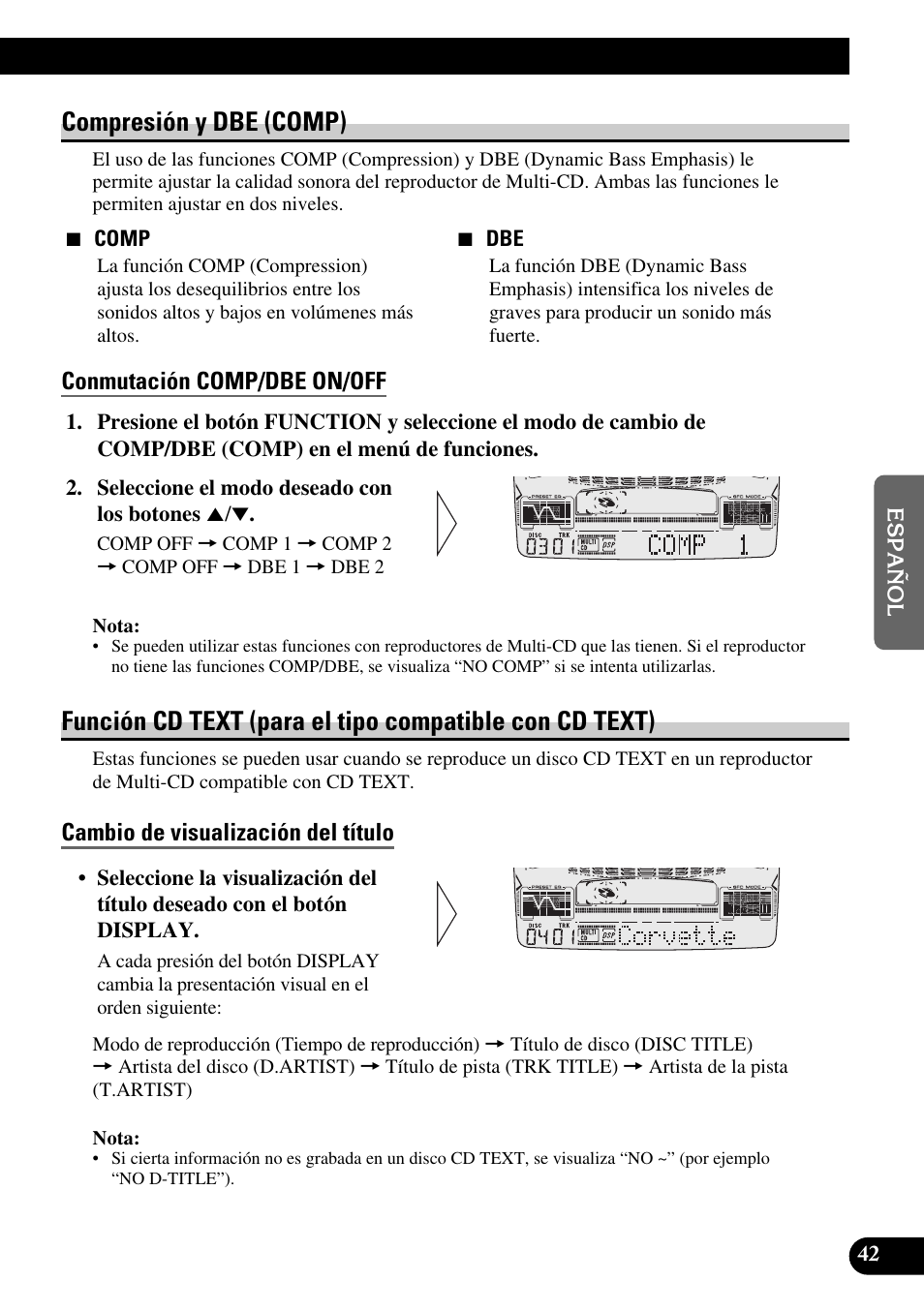 Compresión y dbe (comp), Conmutación comp/dbe on/off, Función cd text (para el tipo | Compatible con cd text), Cambio de la visualización del título, Desplazamiento de la visualización del título, Cambio de visualización del título | Pioneer FH-P6600R User Manual | Page 167 / 188