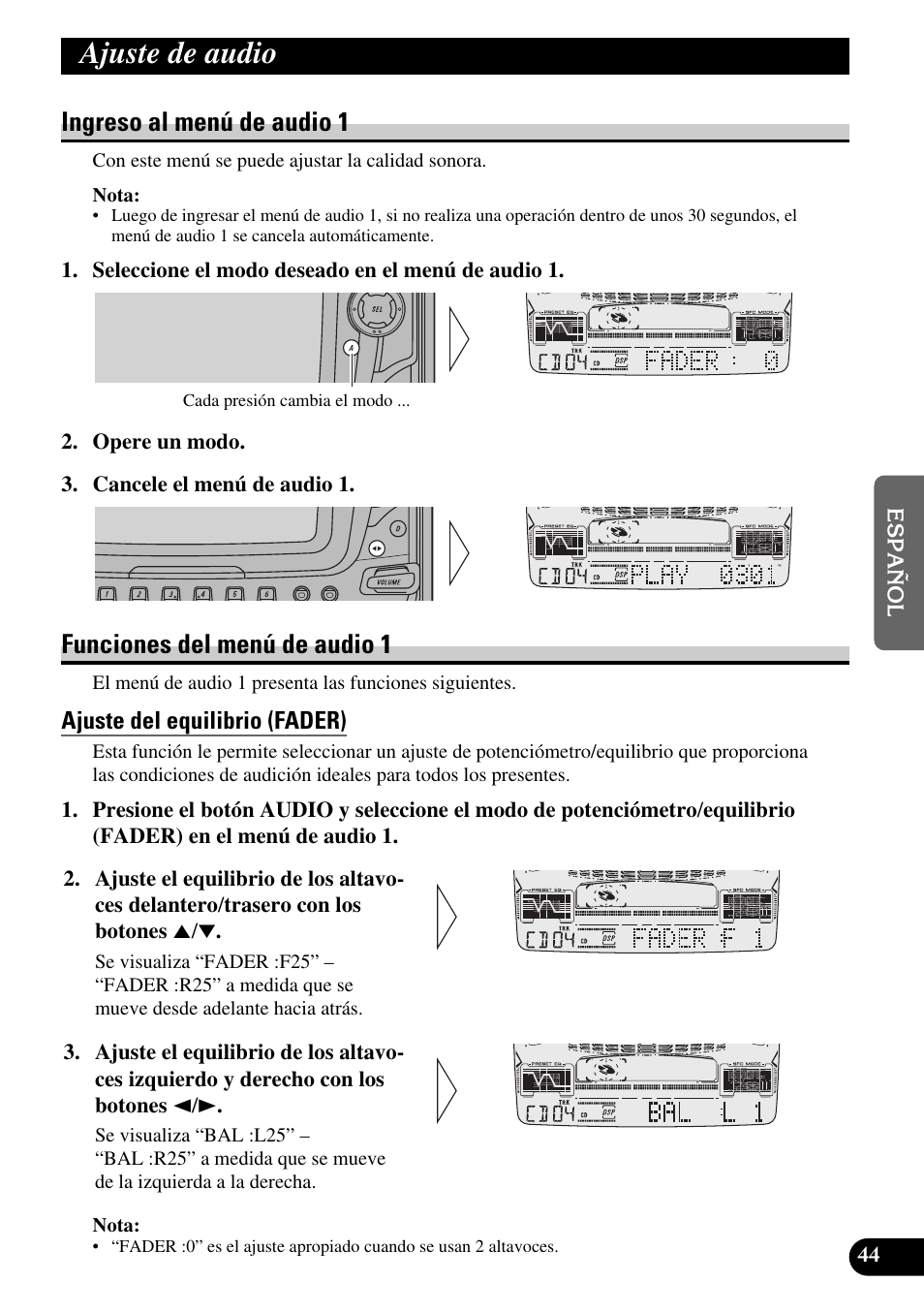 Ajuste de audio, Ajuste del equilibrio (fader), Ajuste de sonoridad (loud) | Función de ajuste de nivel de fuente (sla), Ingreso al menú de audio 1, Funciones del menú de audio 1 | Pioneer FH-P6600R User Manual | Page 169 / 188