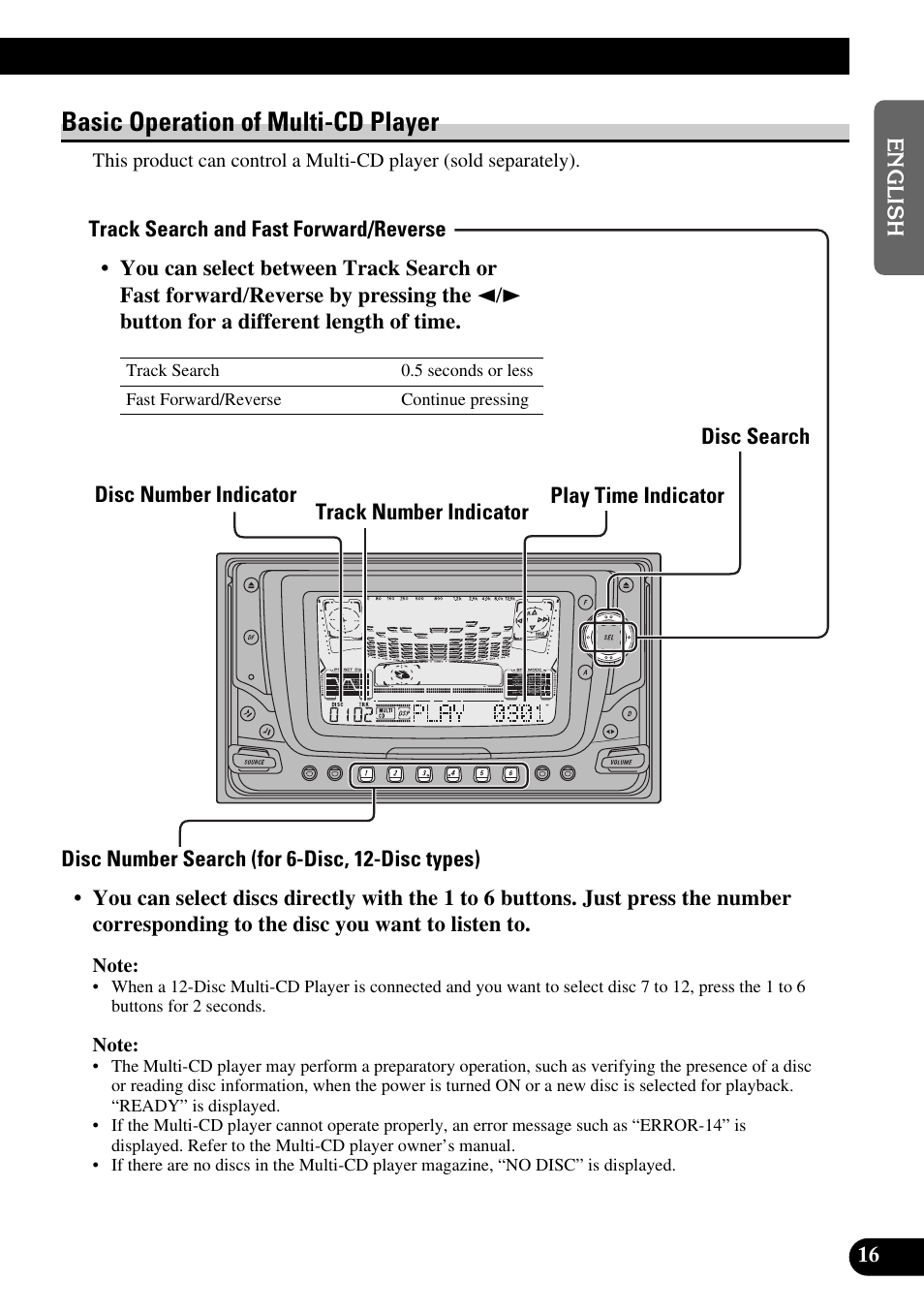 Basic operation of multi-cd player, Track search and fast forward/reverse, Disc search | Disc number search (for 6-disc, 12-disc types) | Pioneer FH-P6600R User Manual | Page 17 / 188