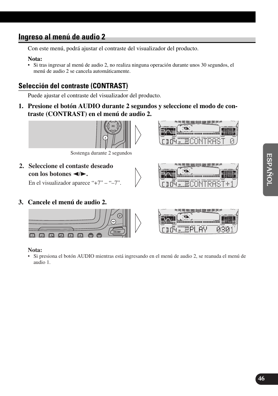 Ingreso al menú de audio 2, Seleccíon del contraste (contrast), Selección del contraste (contrast) | Pioneer FH-P6600R User Manual | Page 171 / 188