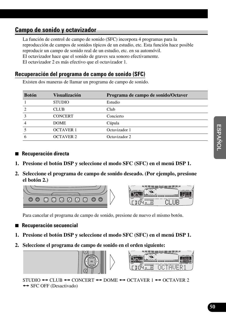 Campo de sonido y octavizador, Recuperación del programa de campo de sonido (sfc) | Pioneer FH-P6600R User Manual | Page 175 / 188