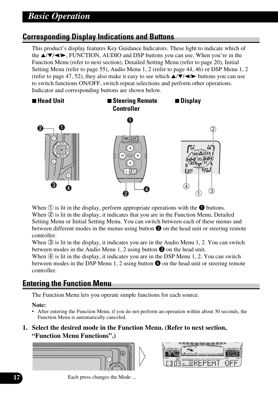 Corresponding display indications and, Buttons, Entering the function menu | Basic operation, Corresponding display indications and buttons | Pioneer FH-P6600R User Manual | Page 18 / 188