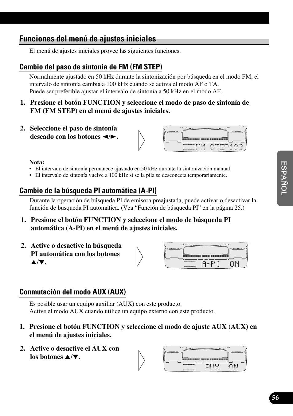 Funciones del menú de ajustes iniciales, Cambio del paso de sintonía de fm (fm step), Cambio de la búsqueda pi automática (a-pi) | Conmutación del modo aux (aux), Ajuste del reductor de luz (dimmer), Ajuste de la salida preout (preout), Selección del atenuador digital (dig.att) | Pioneer FH-P6600R User Manual | Page 181 / 188