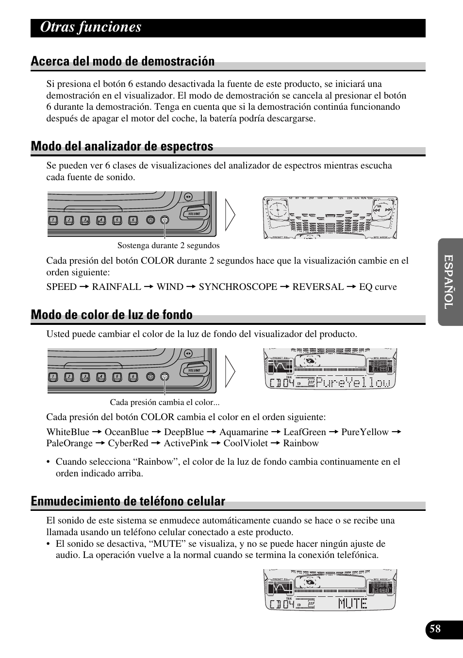 Otras funciones, Acerca del modo de demostración, Modo del analizador de espectros | Modo de color de luz de fondo, Enmudecimiento de teléfono celular | Pioneer FH-P6600R User Manual | Page 183 / 188